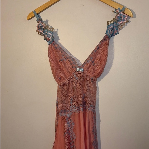 Y2K Pink & Lavender Lace /Floral Appliqué Chemise Lingerie Nightgown Size Large - Picture 3 of 17